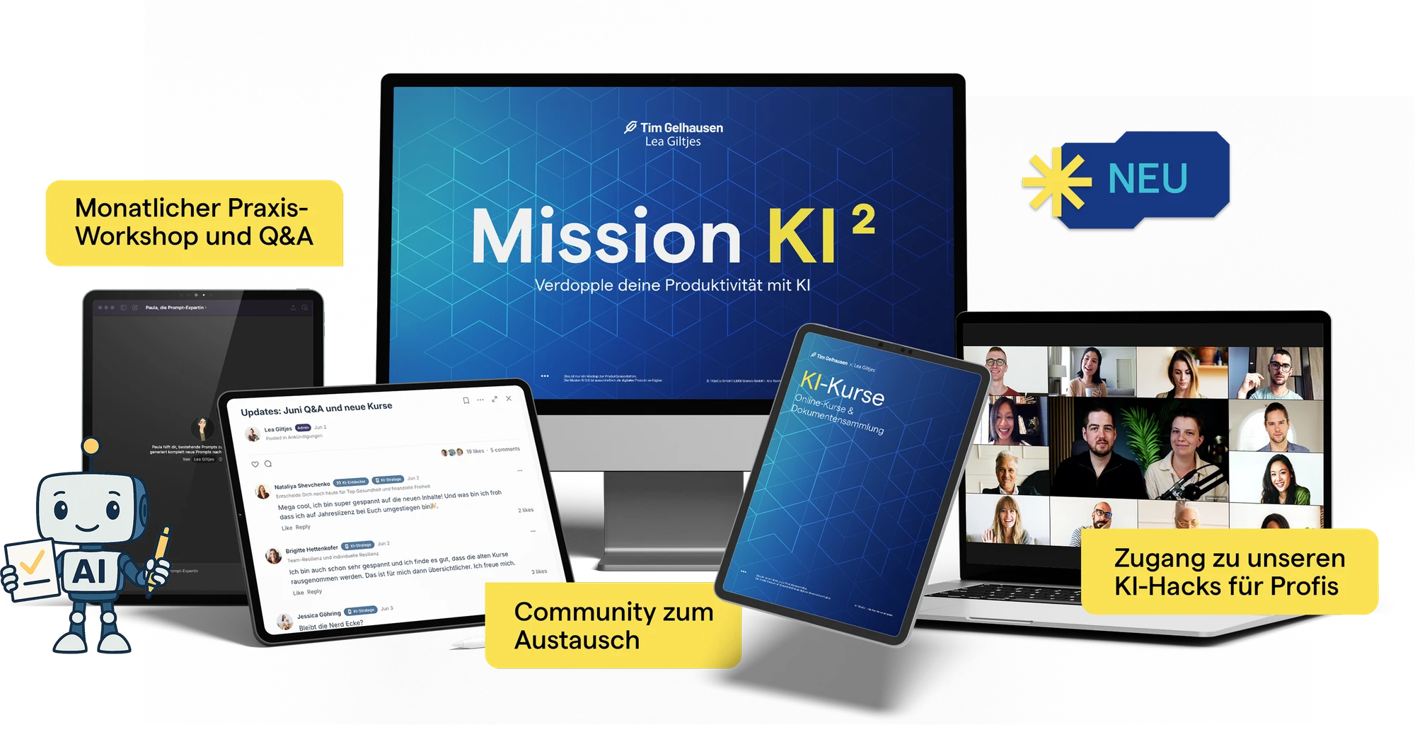 Mission KI 2.0 auf Bildschirm, Tablet und Handy: Kurse, monatlicher Praxis-Workshop und Q&A, Community, KI-Hacks für Profis